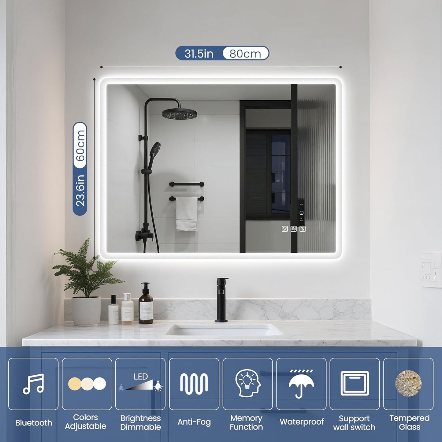 STARLEAD 24"x32" LED-Bathroom-Mirror-with-Lights, Wall-Mounted with Bluetooth Speaker, Anti-Fog, 3 Color Temperature, Dimmable Brightness, Waterproof, Tempered Glass, Frontlit & Backlit