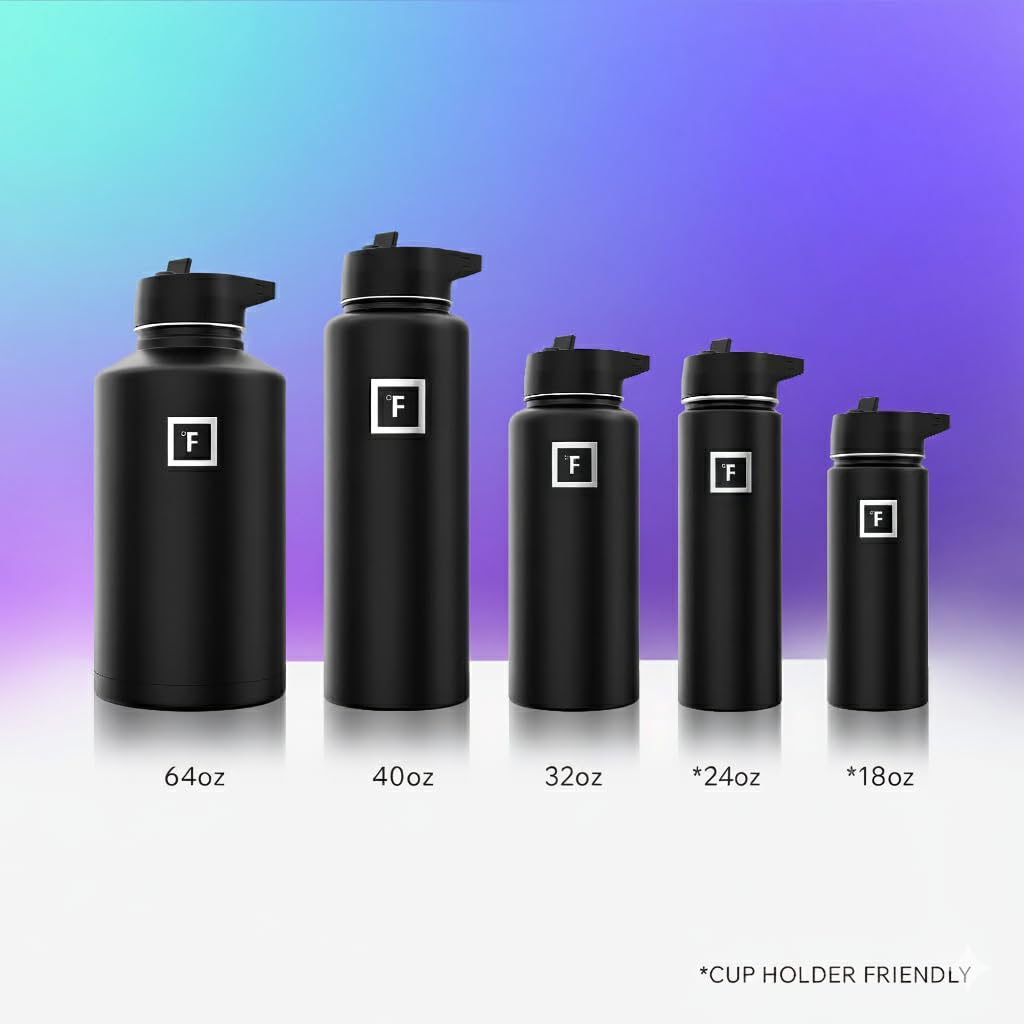 IRON °FLASK Camping & Hiking Hydration Flask with Straw, Wide Mouth Insulated Stainless Steel Sports Water Bottle - 40 oz Midnight Black