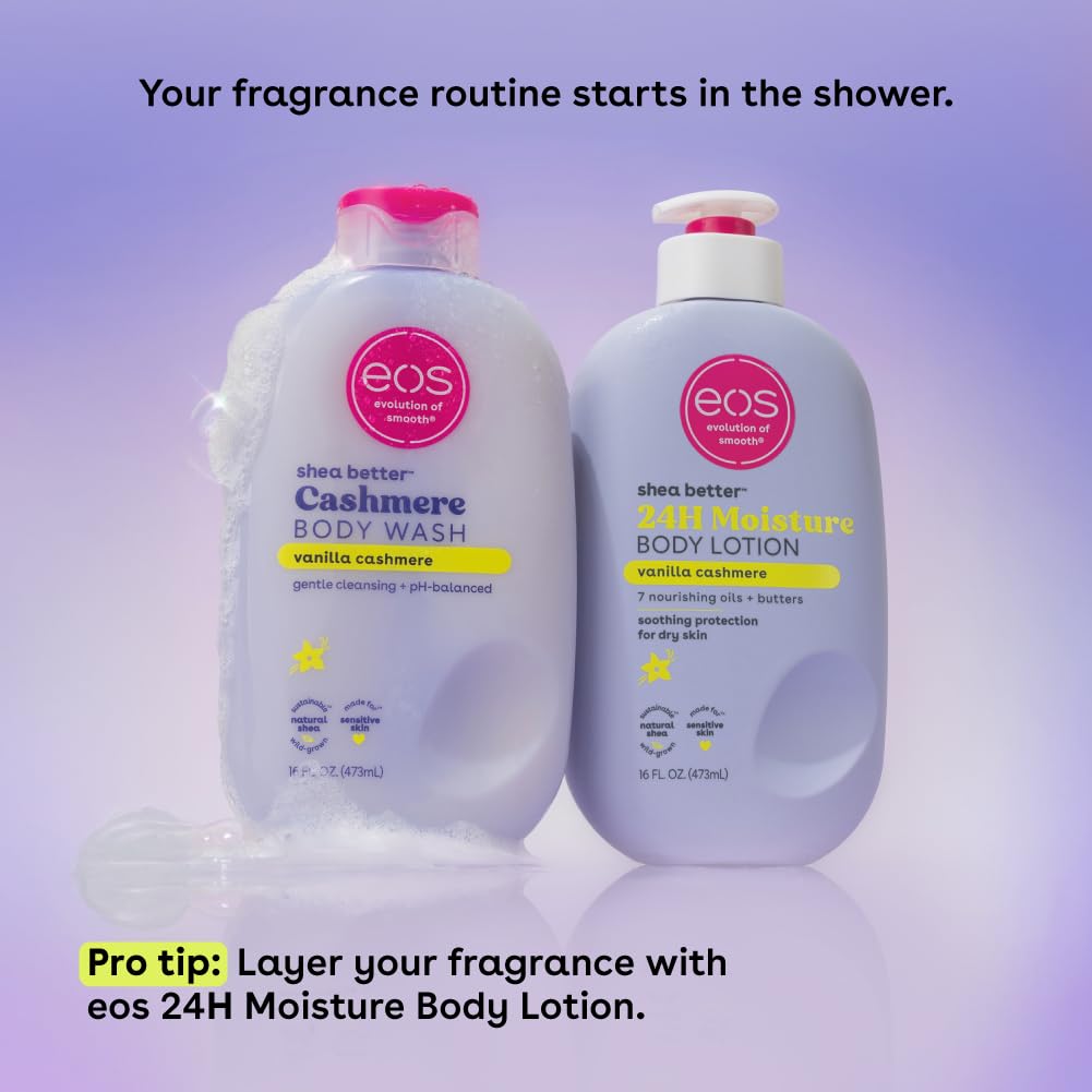 eos Shea Better Body Lotion Vanilla Cashmere, 24-Hour Moisture Skin Care, Lightweight & Non-Greasy, Natural Shea, Vegan, Vanilla Body Lotion, 16 fl oz