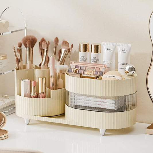 Rotating Makeup Organizer for Vanity with Brush Holder, Cosmetic Makeup Storage Organizer, Large Spinning Makeup Skincare Organizer, Countertop Makeup Perfume Organizer, Lotions Display Case Ivory