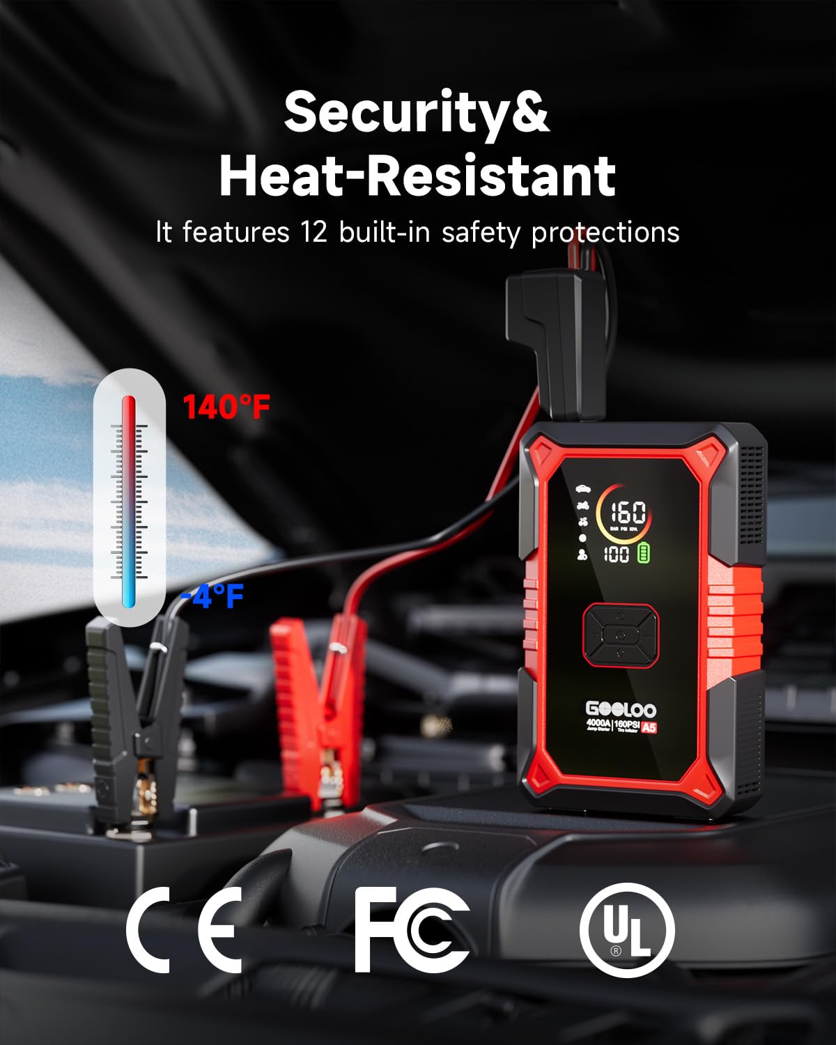 GOOLOO A5 Jump Starter with Air Compressor, 4000A Car Battery Jump Starter (All Gas/10.0L Diesel) with 160PSI Tire Inflator Auto-Off, 45W Output Power Bank, 12V Jump Box Car Jumper Starter Portable