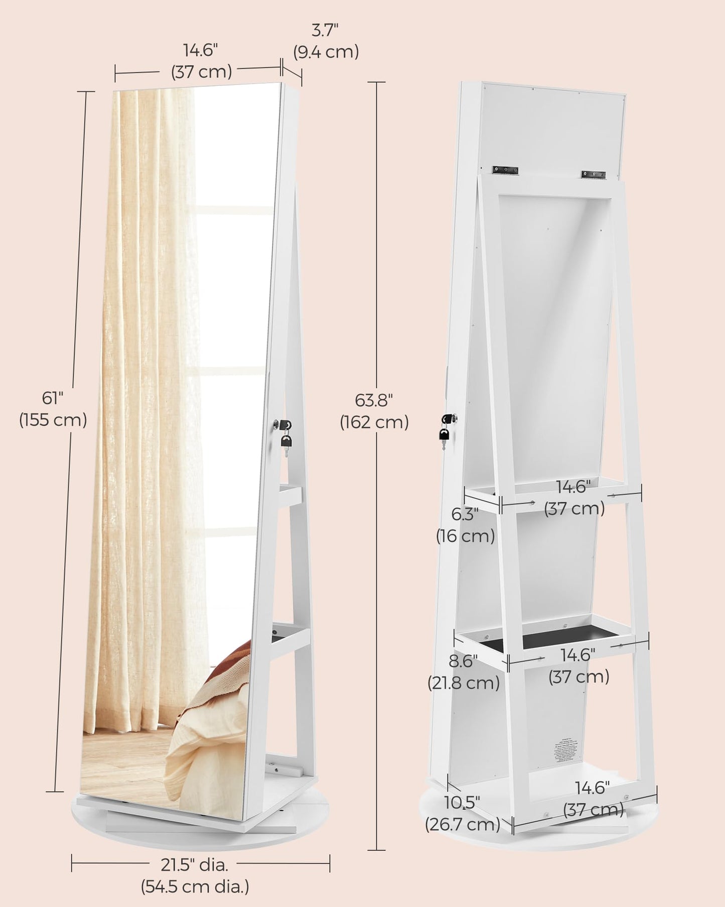 SONGMICS 6 LEDs Lockable Mirror Jewelry Cabinet, 360° Swivel Jewelry Organizer Armoire Standing, Frameless Full-Length Mirror, 3 Storage Shelves, White Surface, Black Lining UJJC007W01