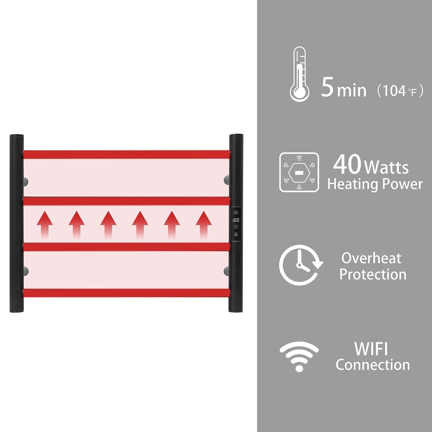 KEG Smart WiFi Towel Warmer Wall Mounted with Built-in Timer and Temperature Adjust Control, 4 Bars Electric Stainless Steel Heated Towel Racks for Bathroom Matte Black