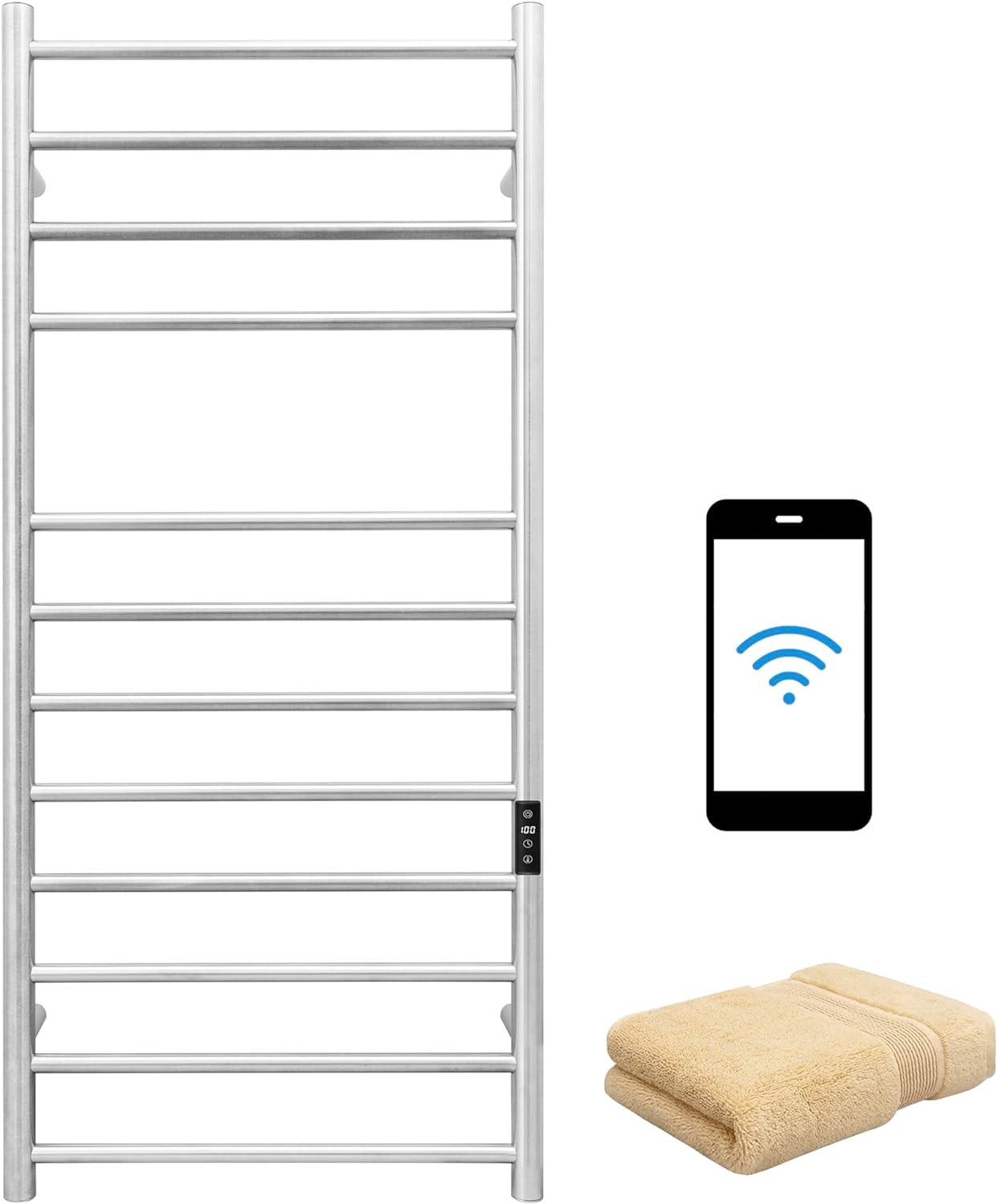 KEG Smart WiFi Towel Warmer Wall Mounted with Built-in Timer and Temperature Adjust Control, 4 Bars Electric Stainless Steel Heated Towel Racks for Bathroom Matte Black