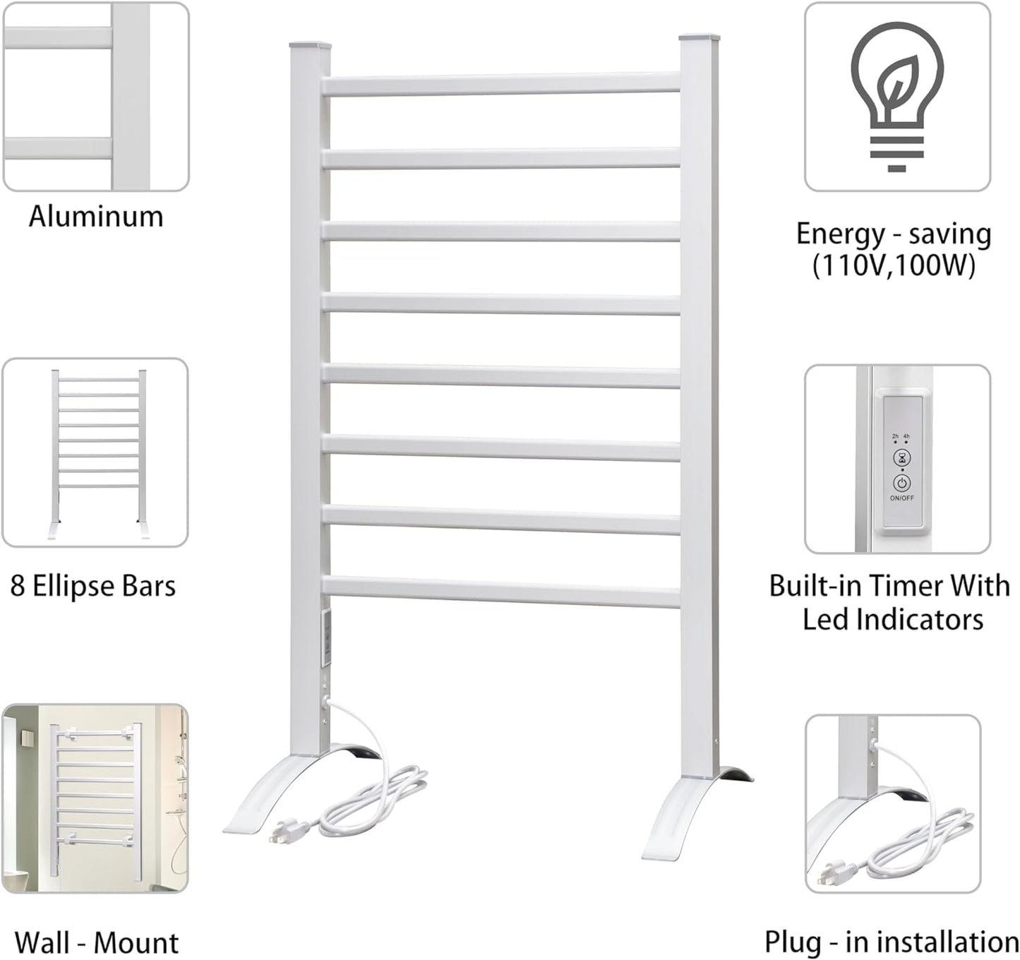 KEG Smart WiFi Towel Warmer Wall Mounted with Built-in Timer and Temperature Adjust Control, 4 Bars Electric Stainless Steel Heated Towel Racks for Bathroom Matte Black