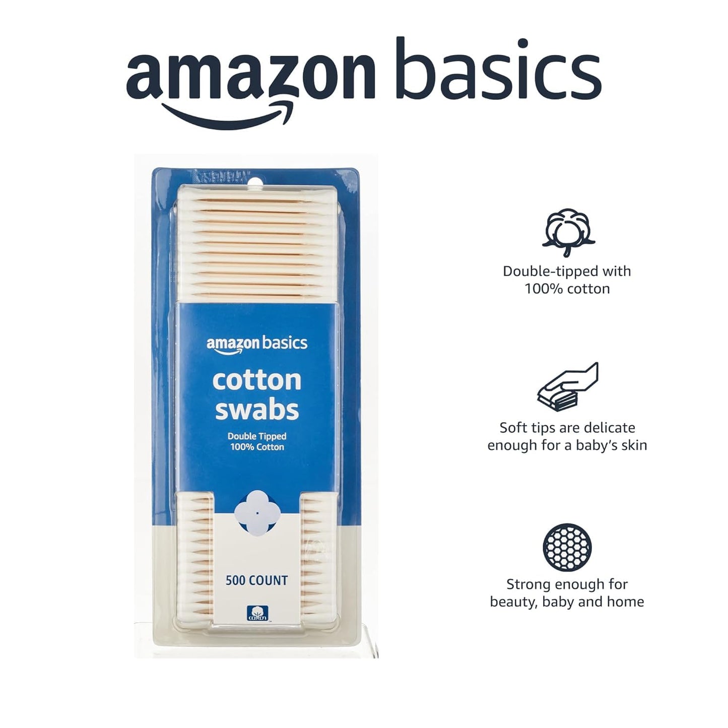 Amazon Basics Double-Tipped Cotton Swabs for Personal Hygiene and Baby Care, 2000 Count, 4-Pack of 500 Count
