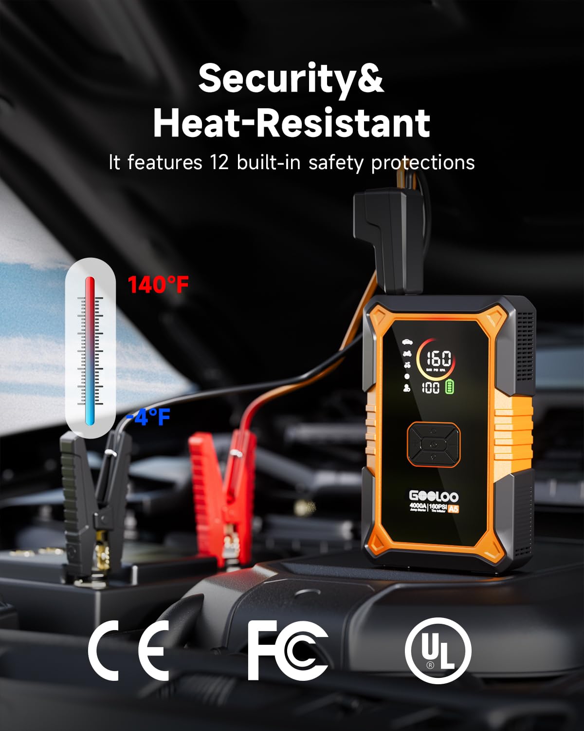 GOOLOO A5 Jump Starter with Air Compressor, 4000A Car Battery Jump Starter (All Gas/10.0L Diesel) with 160PSI Tire Inflator Auto-Off, 45W Output Power Bank, 12V Jump Box Car Jumper Starter Portable