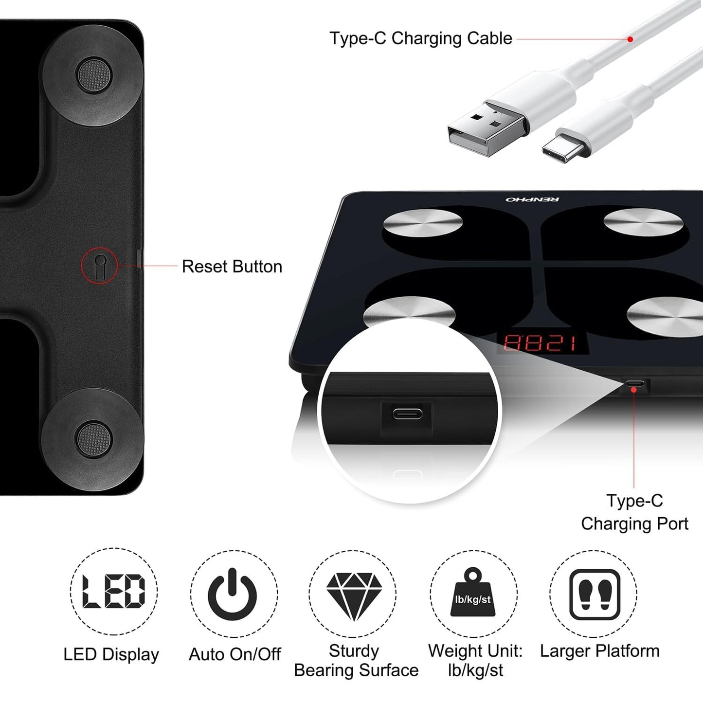 RENPHO Smart Scale for Body Weight, 8-Electrode Body Composition Scale with BMI, Body Fat, Muscle Mass, Rechargeable Body Fat Scale with Full-Color TFT LCD on Handle, MorphoScan Nova, Dark Blue