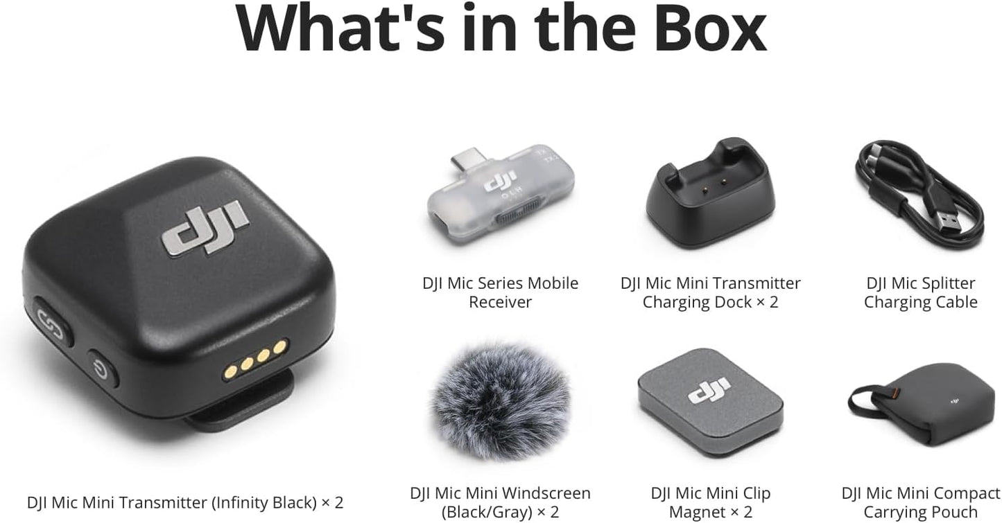 DJI Mic Mini (2 TX + 1 RX + Charging Case), Wireless Lavalier Microphone for iPhone/Camera/Android, Ultralight, Detail-Rich Audio, 48h Use, Noise Cancelling, Automatic Limiting, Vlog, Streaming