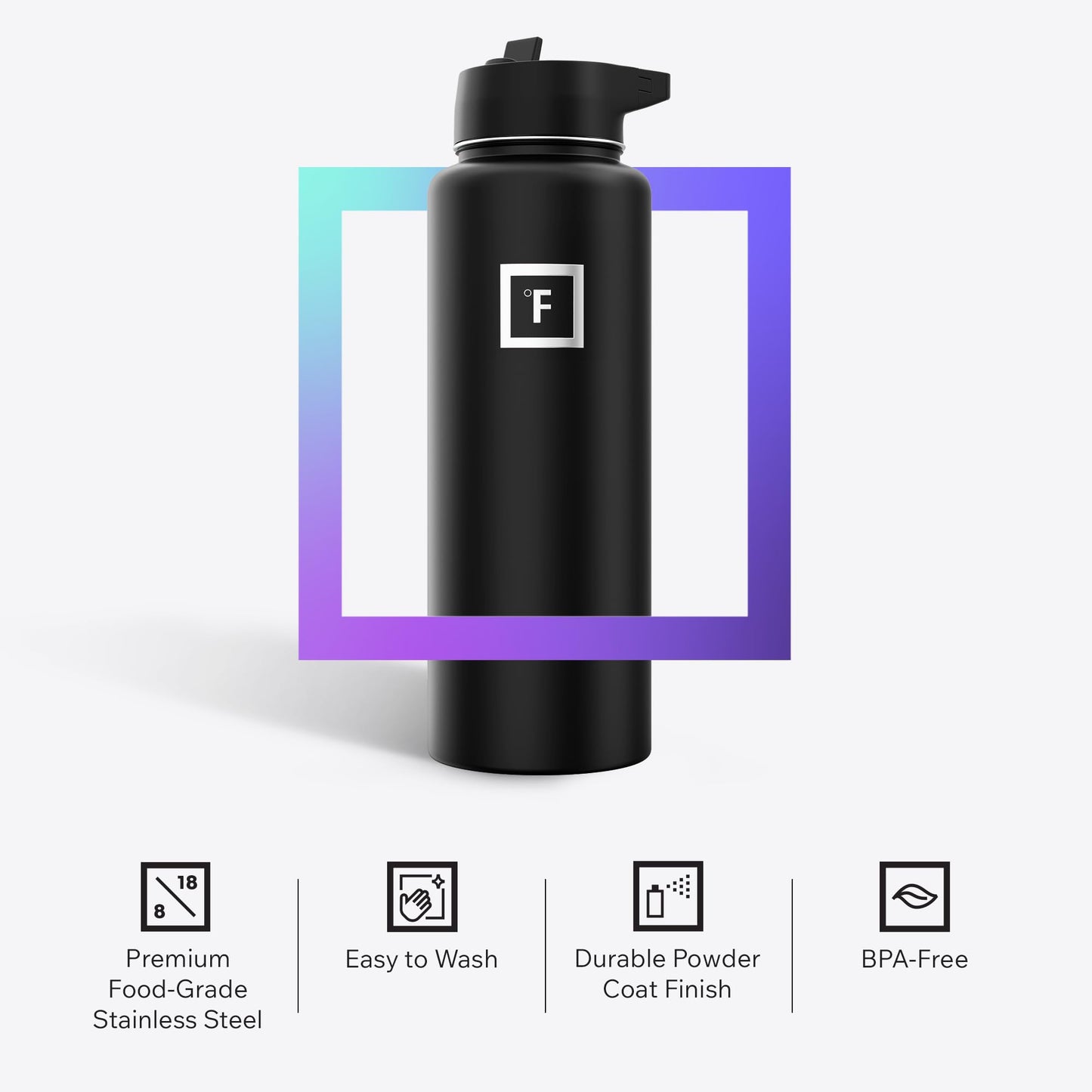 IRON °FLASK Camping & Hiking Hydration Flask with Straw, Wide Mouth Insulated Stainless Steel Sports Water Bottle - 40 oz Midnight Black