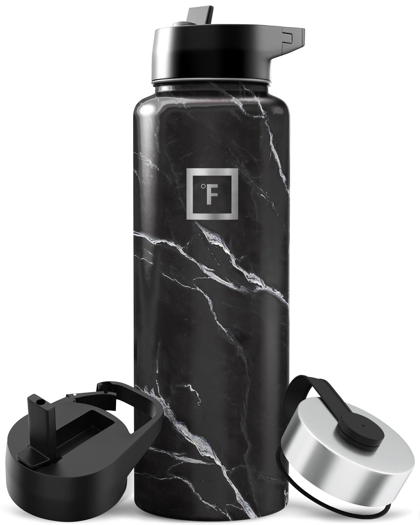 IRON °FLASK Camping & Hiking Hydration Flask with Straw, Wide Mouth Insulated Stainless Steel Sports Water Bottle - 40 oz Midnight Black