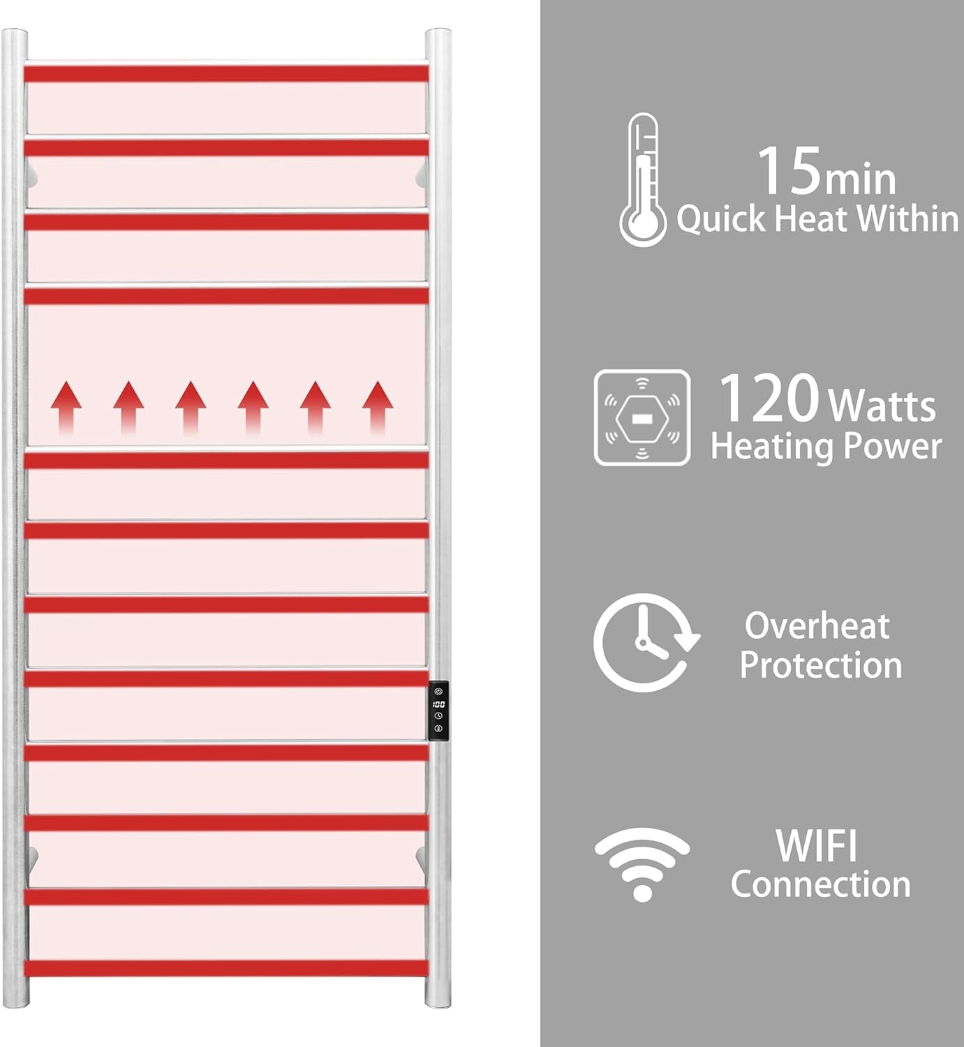 KEG Smart WiFi Towel Warmer Wall Mounted with Built-in Timer and Temperature Adjust Control, 4 Bars Electric Stainless Steel Heated Towel Racks for Bathroom Matte Black