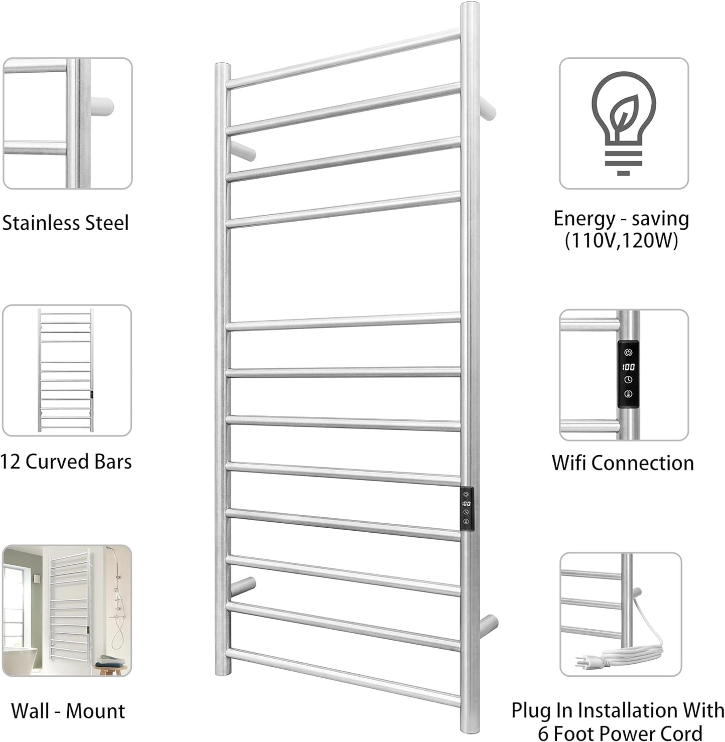 KEG Smart WiFi Towel Warmer Wall Mounted with Built-in Timer and Temperature Adjust Control, 4 Bars Electric Stainless Steel Heated Towel Racks for Bathroom Matte Black