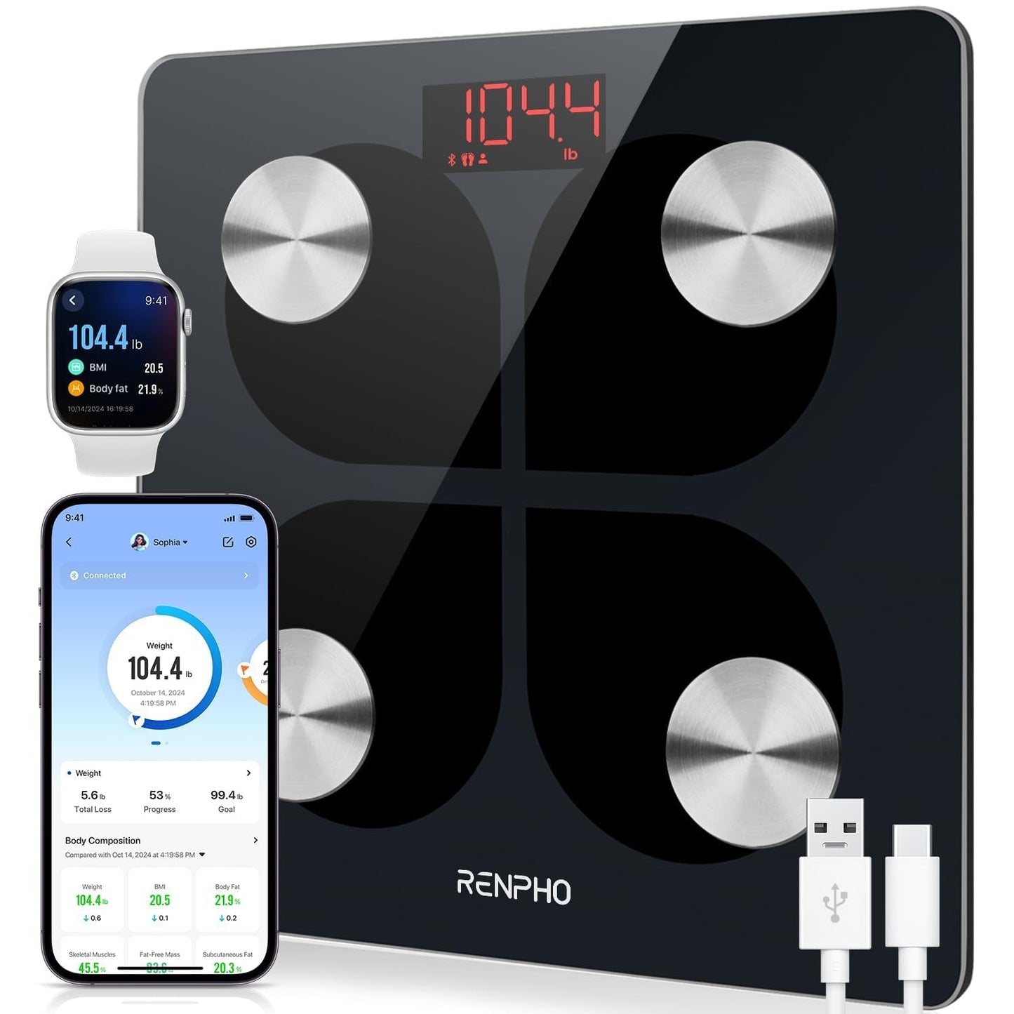 RENPHO Smart Scale for Body Weight, 8-Electrode Body Composition Scale with BMI, Body Fat, Muscle Mass, Rechargeable Body Fat Scale with Full-Color TFT LCD on Handle, MorphoScan Nova, Dark Blue