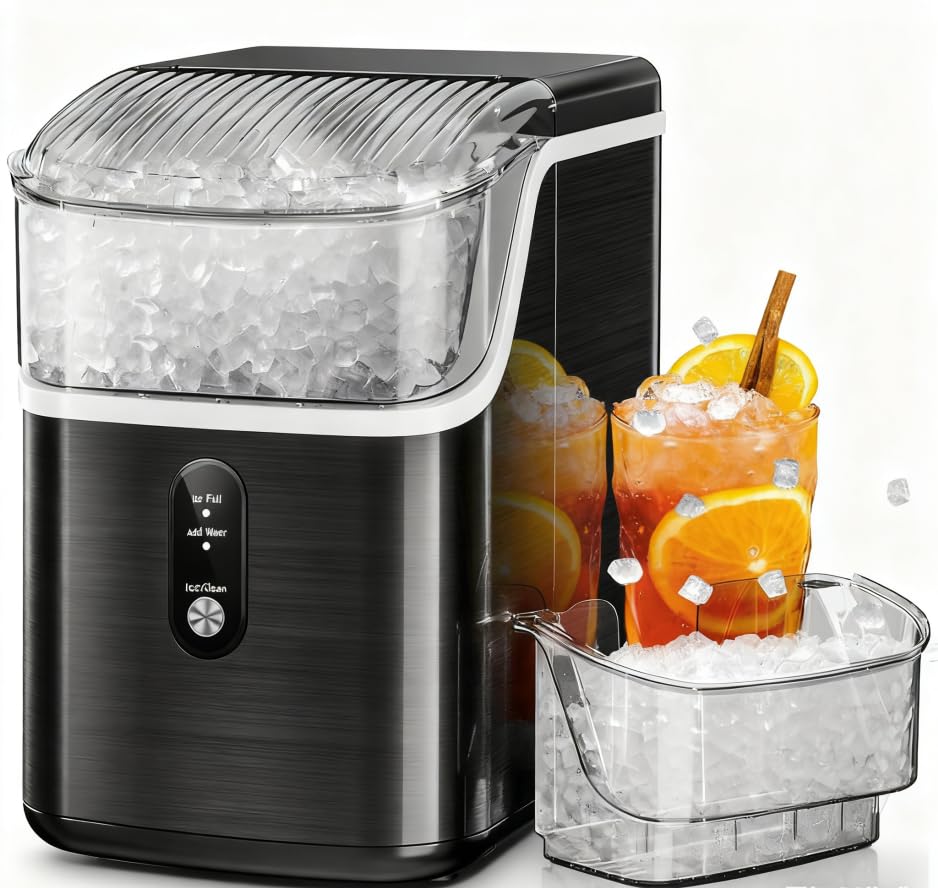 Kismile Nugget Ice Makers Countertop,Portable Ice Machine with Crushed Ice, 35lbs/Day,Self-Cleaning,One-Click Operation for Home Use(Silver)
