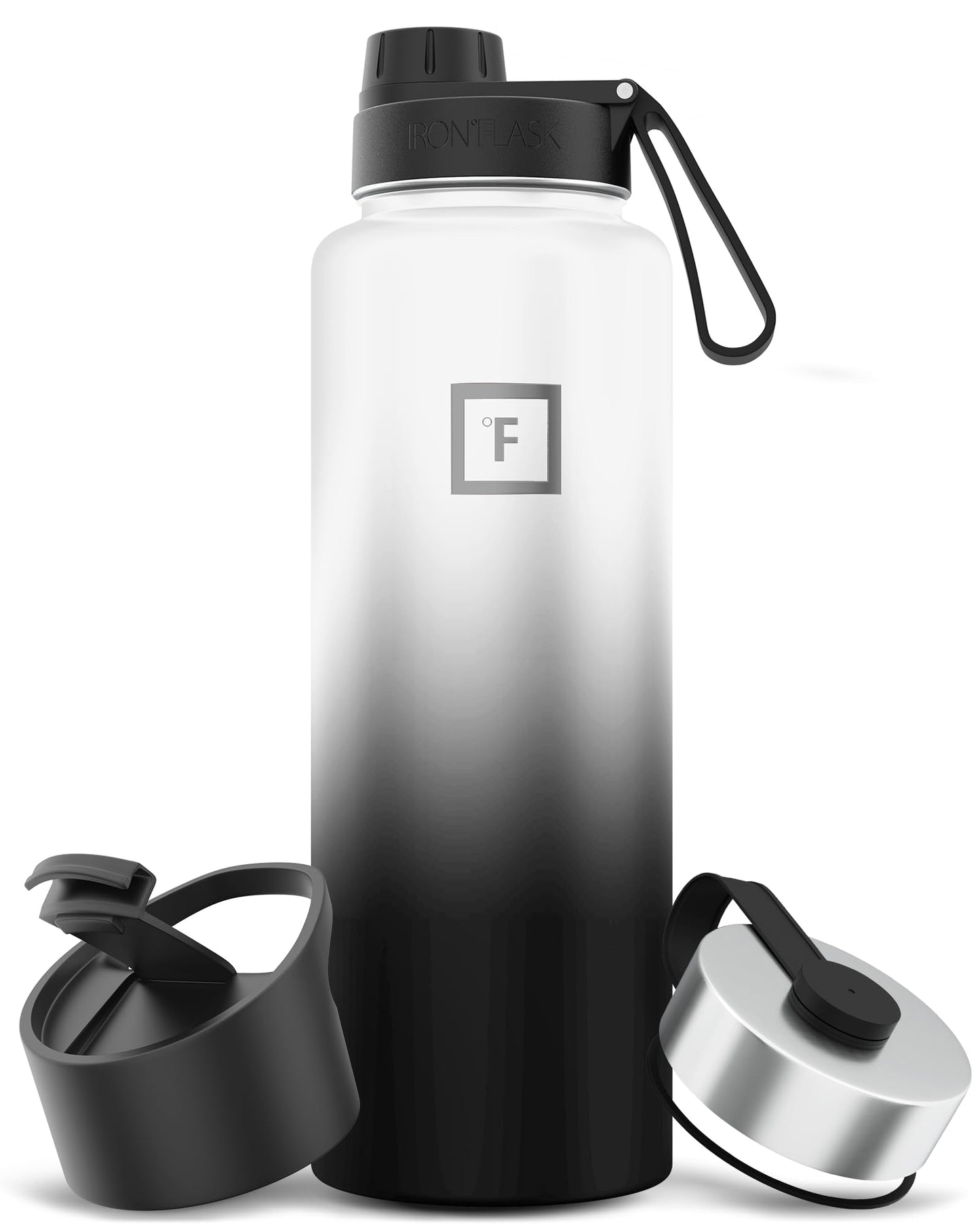 IRON °FLASK Camping & Hiking Hydration Flask with Straw, Wide Mouth Insulated Stainless Steel Sports Water Bottle - 40 oz Midnight Black