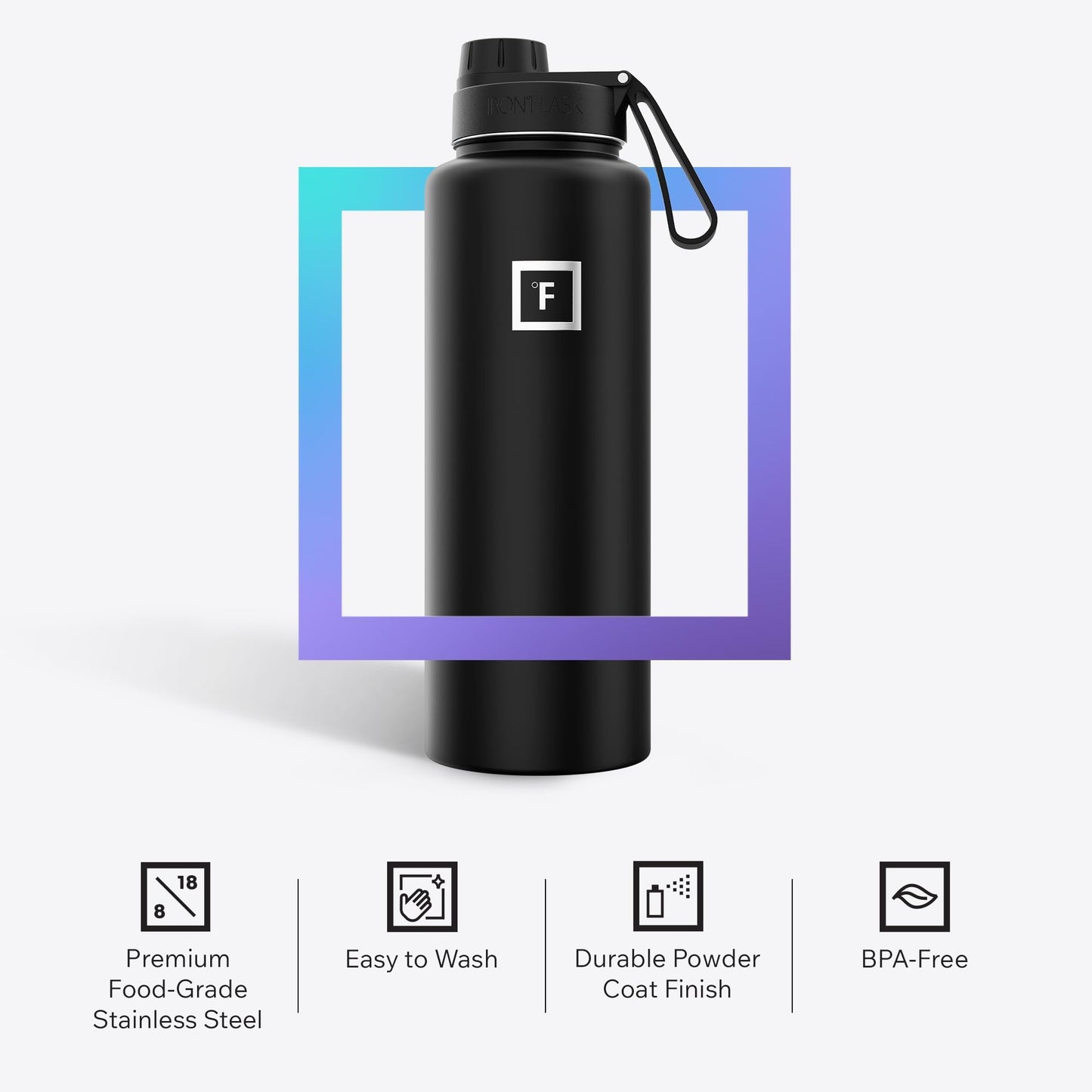 IRON °FLASK Camping & Hiking Hydration Flask with Straw, Wide Mouth Insulated Stainless Steel Sports Water Bottle - 40 oz Midnight Black