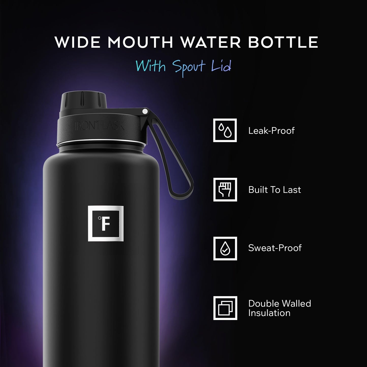 IRON °FLASK Camping & Hiking Hydration Flask with Straw, Wide Mouth Insulated Stainless Steel Sports Water Bottle - 40 oz Midnight Black