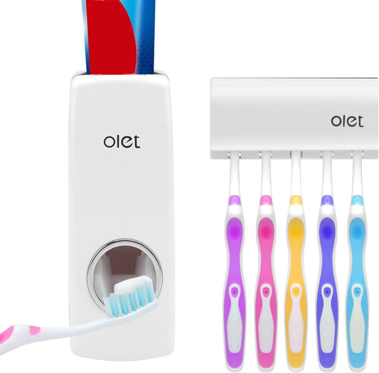 Automatic Toothpaste Dispenser, Toothpaste Squeezing and Tooth Brush Holder Set(5 Brushs Set) - White