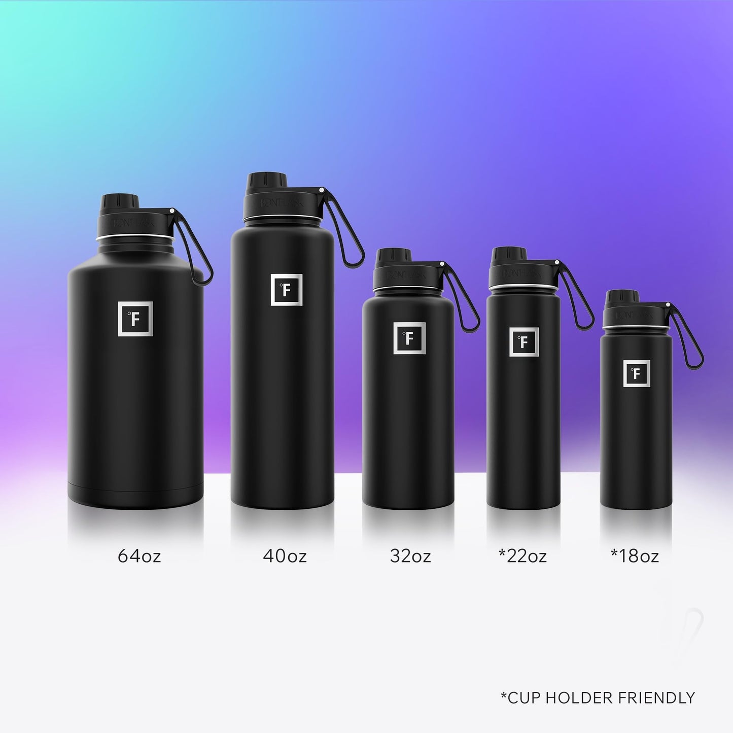 IRON °FLASK Camping & Hiking Hydration Flask with Straw, Wide Mouth Insulated Stainless Steel Sports Water Bottle - 40 oz Midnight Black