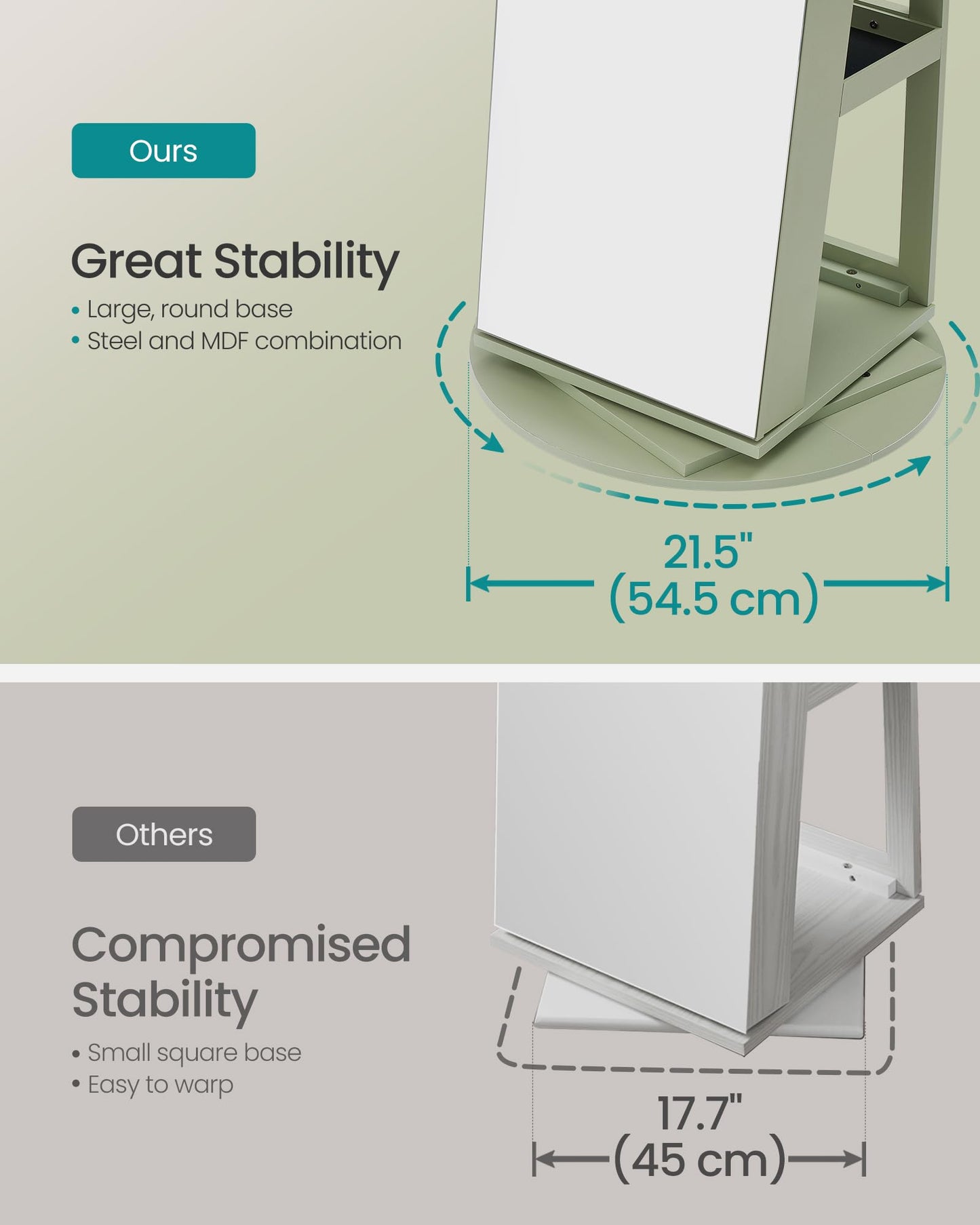 SONGMICS 6 LEDs Lockable Mirror Jewelry Cabinet, 360° Swivel Jewelry Organizer Armoire Standing, Frameless Full-Length Mirror, 3 Storage Shelves, White Surface, Black Lining UJJC007W01