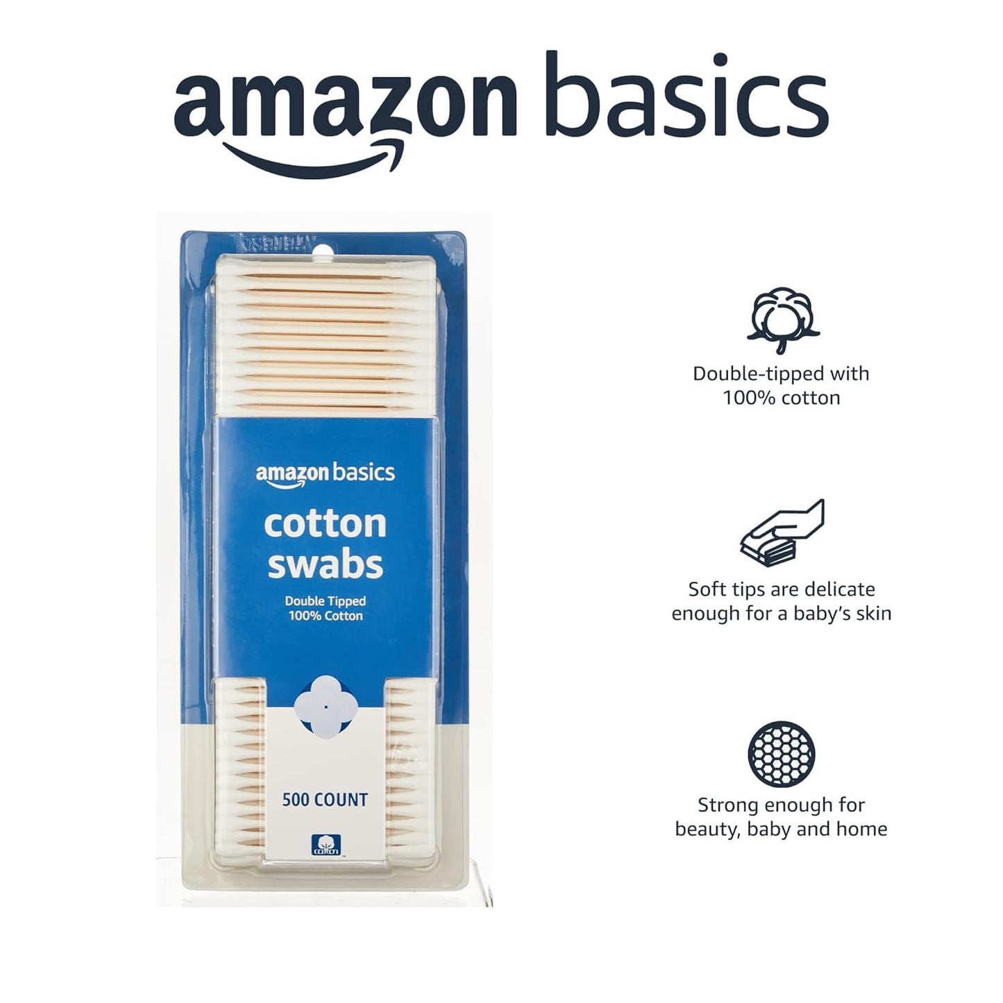 Amazon Basics Double-Tipped Cotton Swabs for Personal Hygiene and Baby Care, 2000 Count, 4-Pack of 500 Count