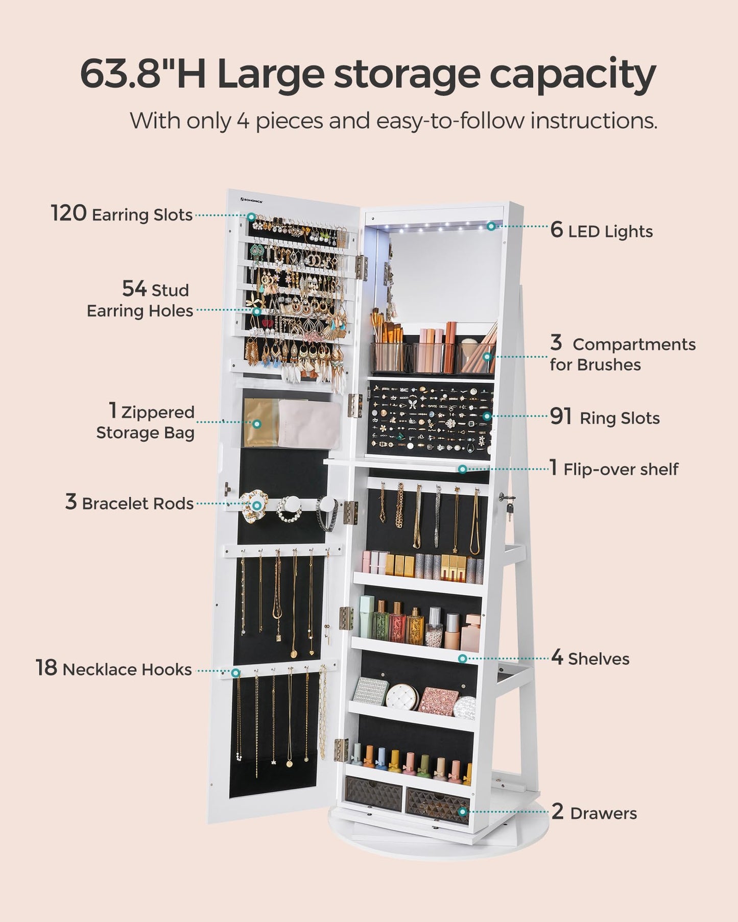 SONGMICS 6 LEDs Lockable Mirror Jewelry Cabinet, 360° Swivel Jewelry Organizer Armoire Standing, Frameless Full-Length Mirror, 3 Storage Shelves, White Surface, Black Lining UJJC007W01