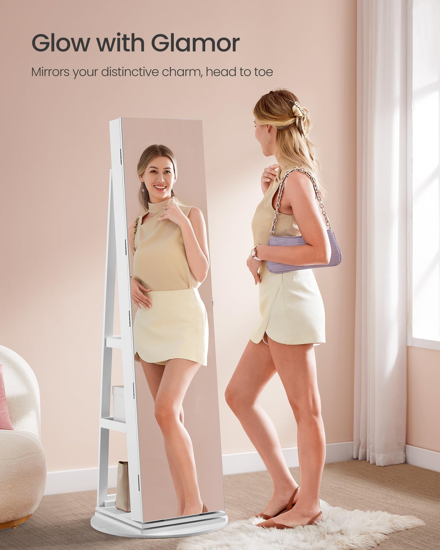 SONGMICS 6 LEDs Lockable Mirror Jewelry Cabinet, 360° Swivel Jewelry Organizer Armoire Standing, Frameless Full-Length Mirror, 3 Storage Shelves, White Surface, Black Lining UJJC007W01