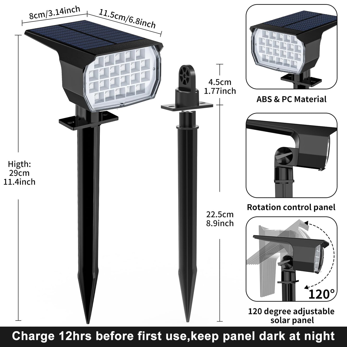 Solar Spot Lights Outdoor Waterproof IP65, 12 Pack Landscape Spotlights with 46 LEDs, 3 Modes Auto On/Off Solar Powered Flood Lights for Outside Pathway, Yard, Garden, Walkway (Warm White)