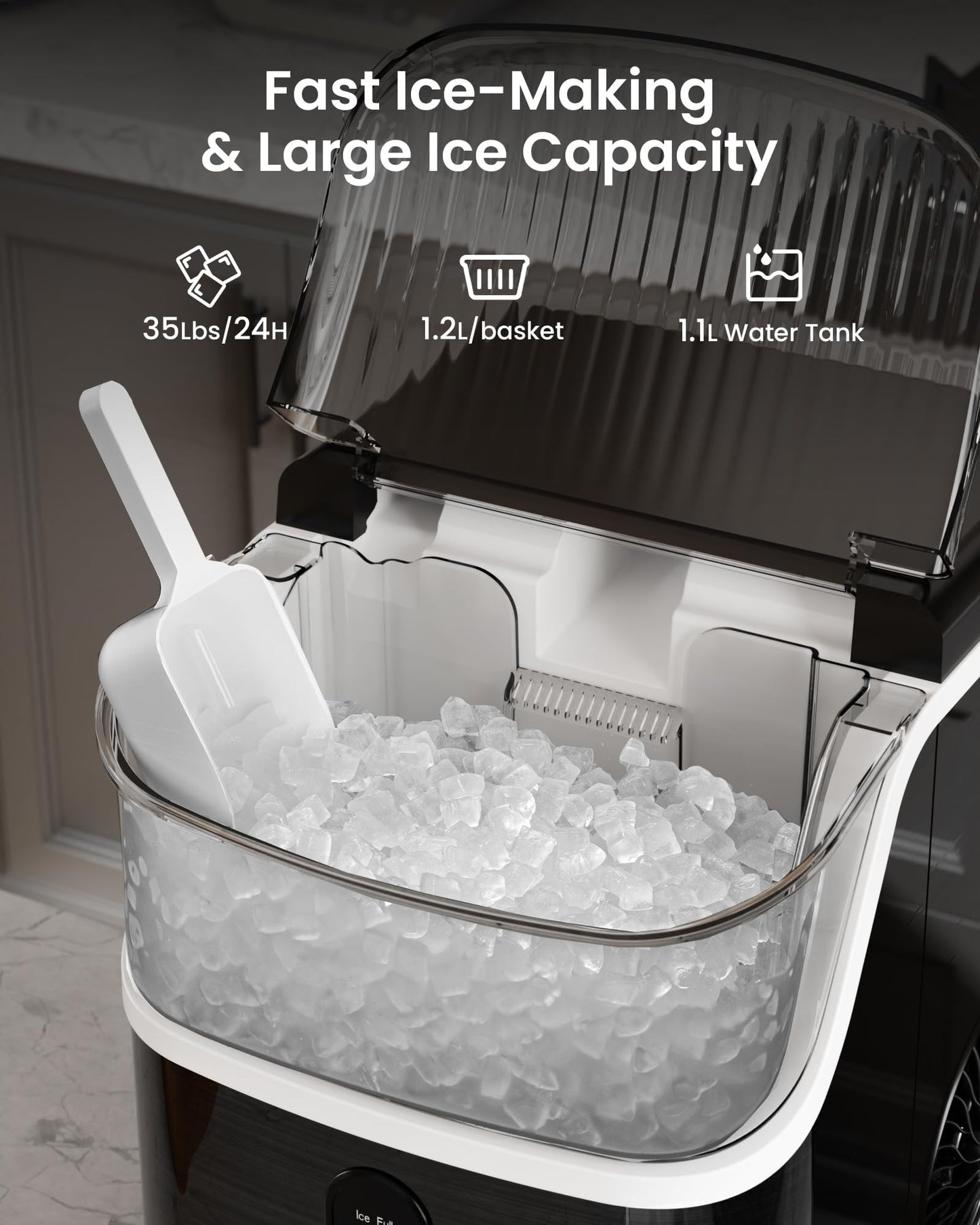 Kismile Nugget Ice Makers Countertop,Portable Ice Machine with Crushed Ice, 35lbs/Day,Self-Cleaning,One-Click Operation for Home Use(Silver)