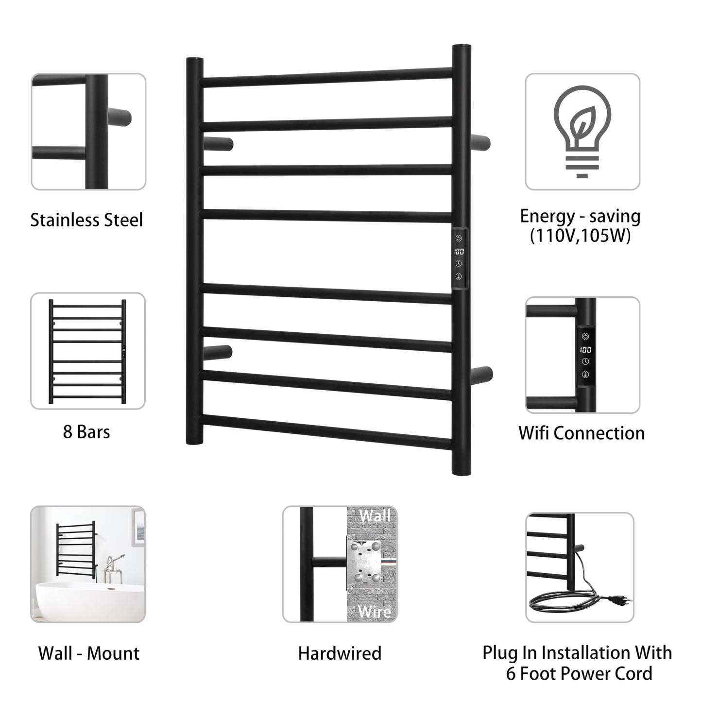 KEG Smart WiFi Towel Warmer Wall Mounted with Built-in Timer and Temperature Adjust Control, 4 Bars Electric Stainless Steel Heated Towel Racks for Bathroom Matte Black