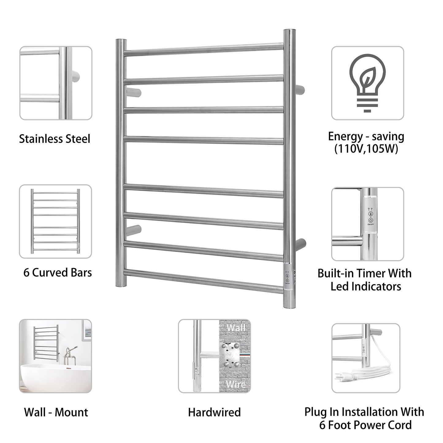 KEG Smart WiFi Towel Warmer Wall Mounted with Built-in Timer and Temperature Adjust Control, 4 Bars Electric Stainless Steel Heated Towel Racks for Bathroom Matte Black