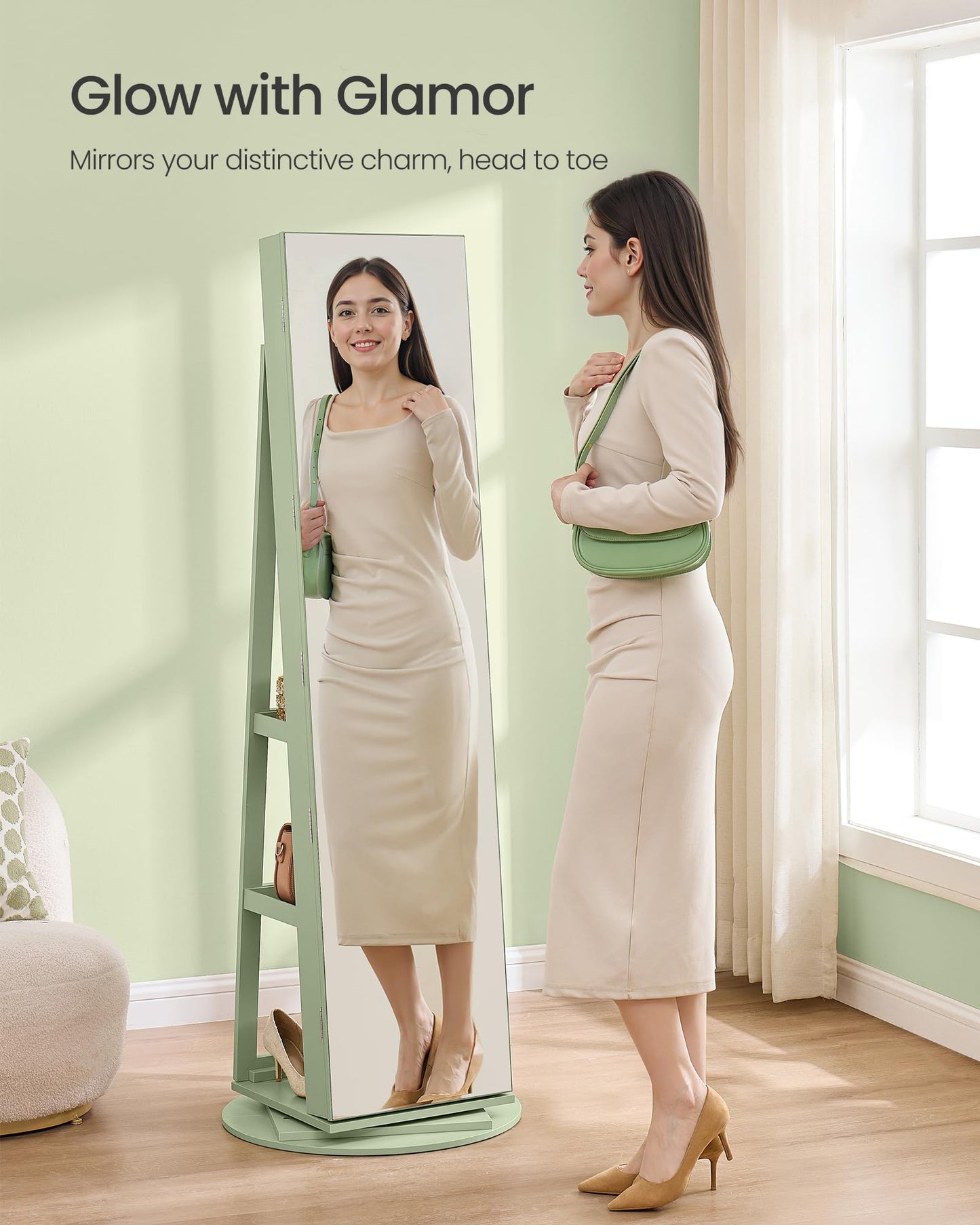 SONGMICS 6 LEDs Lockable Mirror Jewelry Cabinet, 360° Swivel Jewelry Organizer Armoire Standing, Frameless Full-Length Mirror, 3 Storage Shelves, White Surface, Black Lining UJJC007W01