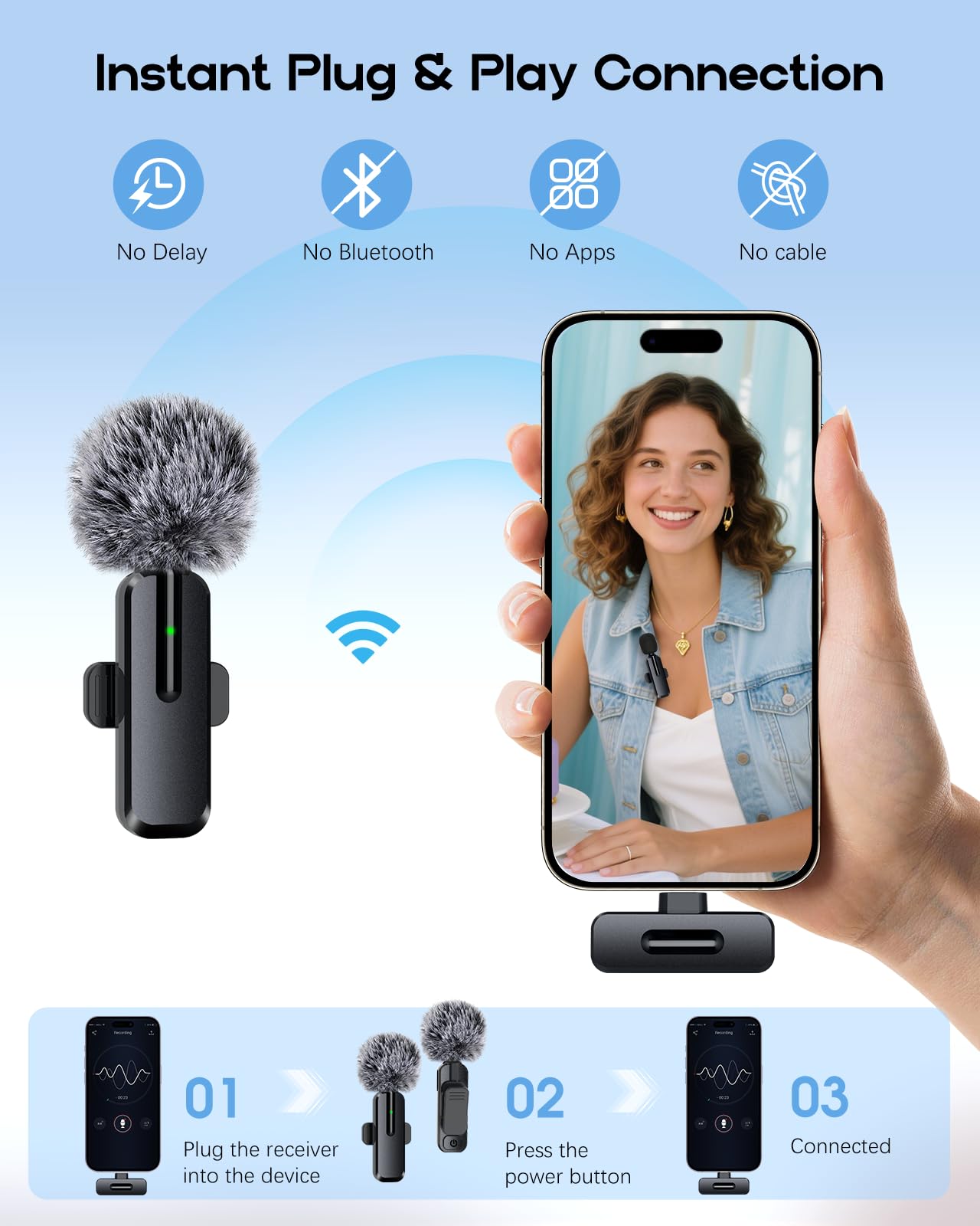 Wireless Mini Microphone for iPhone - 2 Pack Lavalier Bluetooth Microphone for Video Recording, 2 in 1 Noise Reduction Lapel Mic for Ipad, Android,Clip-on Mini Mic for Content Creators Podcast
