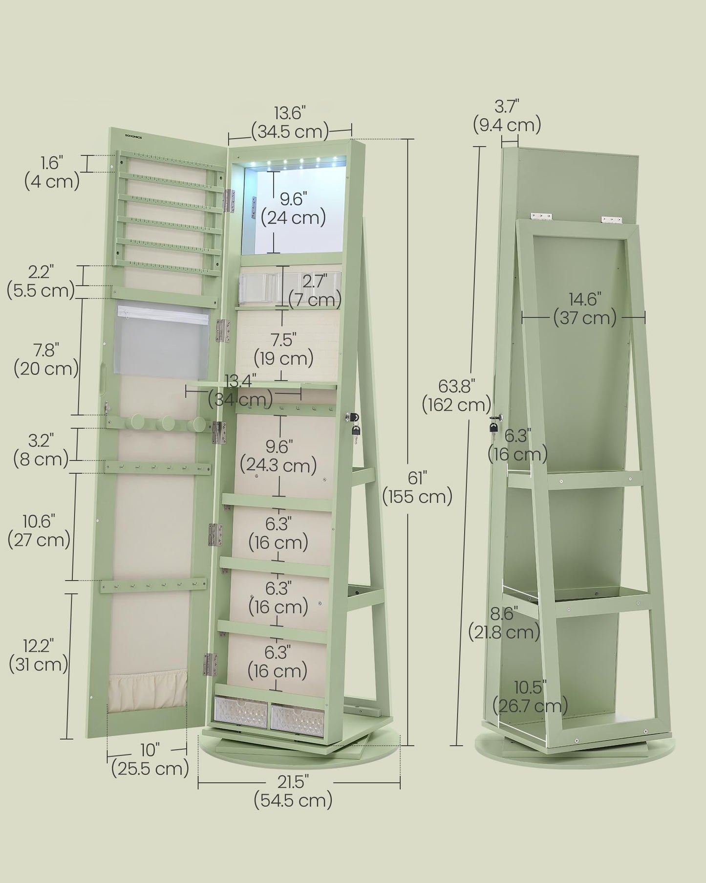 SONGMICS 6 LEDs Lockable Mirror Jewelry Cabinet, 360° Swivel Jewelry Organizer Armoire Standing, Frameless Full-Length Mirror, 3 Storage Shelves, White Surface, Black Lining UJJC007W01