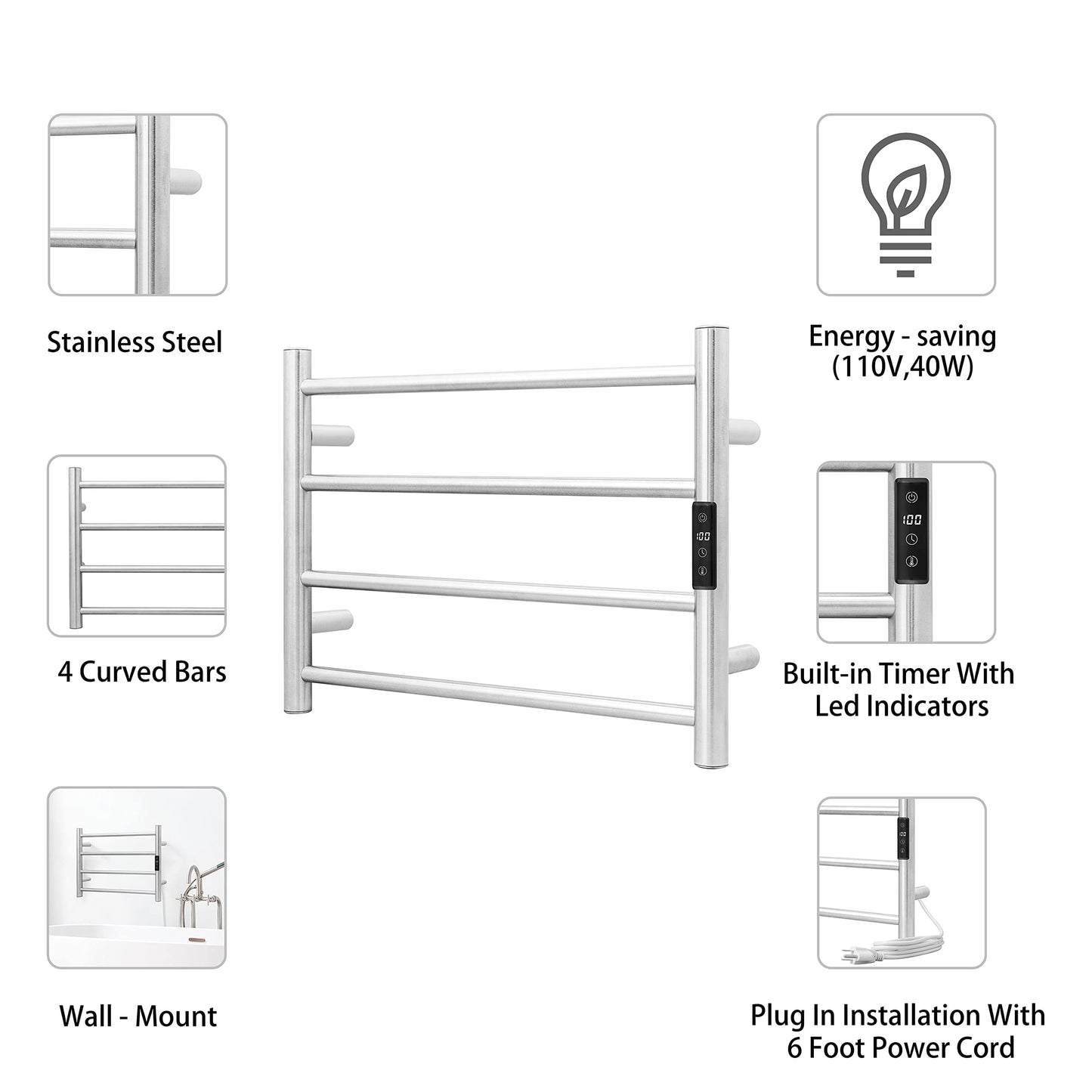 KEG Smart WiFi Towel Warmer Wall Mounted with Built-in Timer and Temperature Adjust Control, 4 Bars Electric Stainless Steel Heated Towel Racks for Bathroom Matte Black