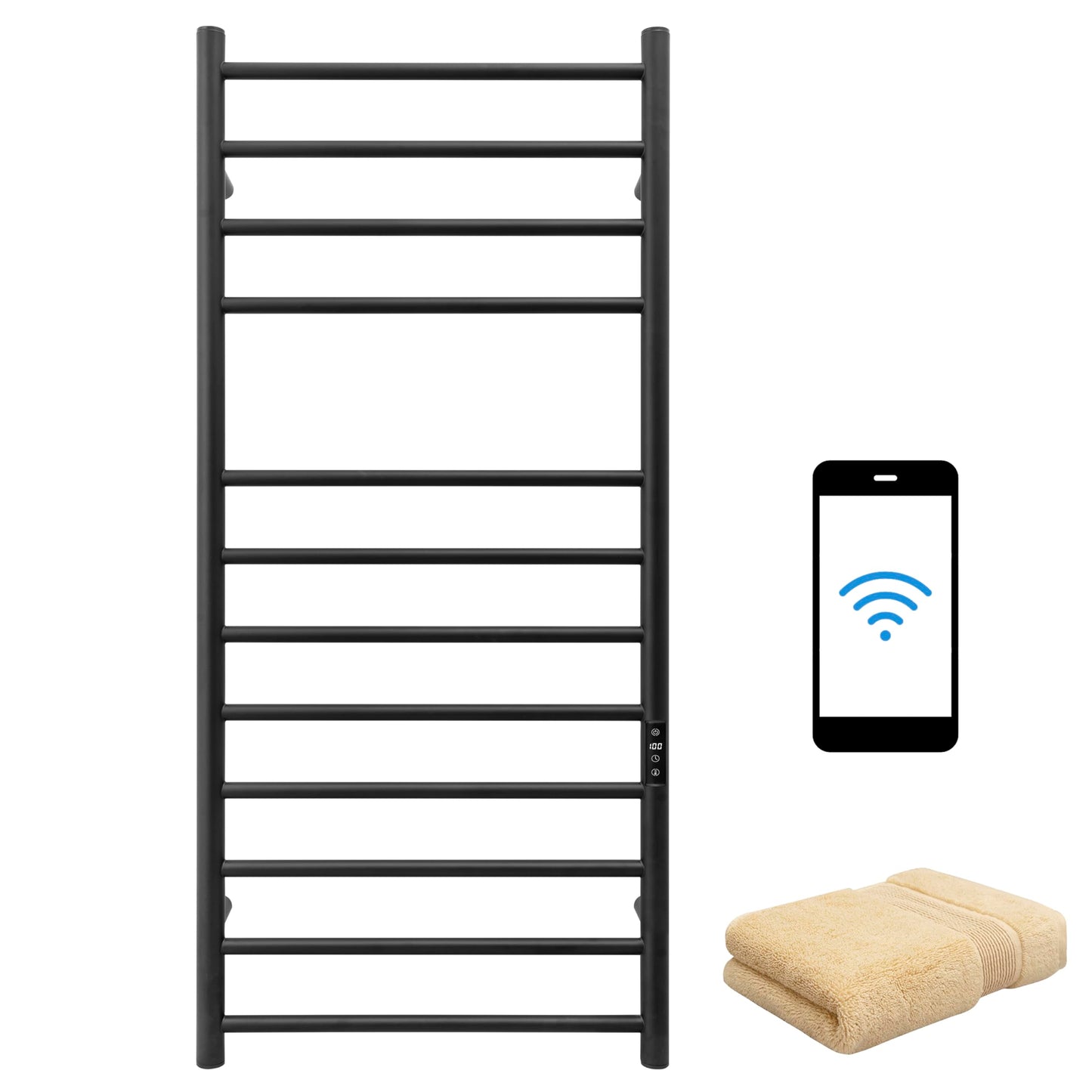 KEG Smart WiFi Towel Warmer Wall Mounted with Built-in Timer and Temperature Adjust Control, 4 Bars Electric Stainless Steel Heated Towel Racks for Bathroom Matte Black