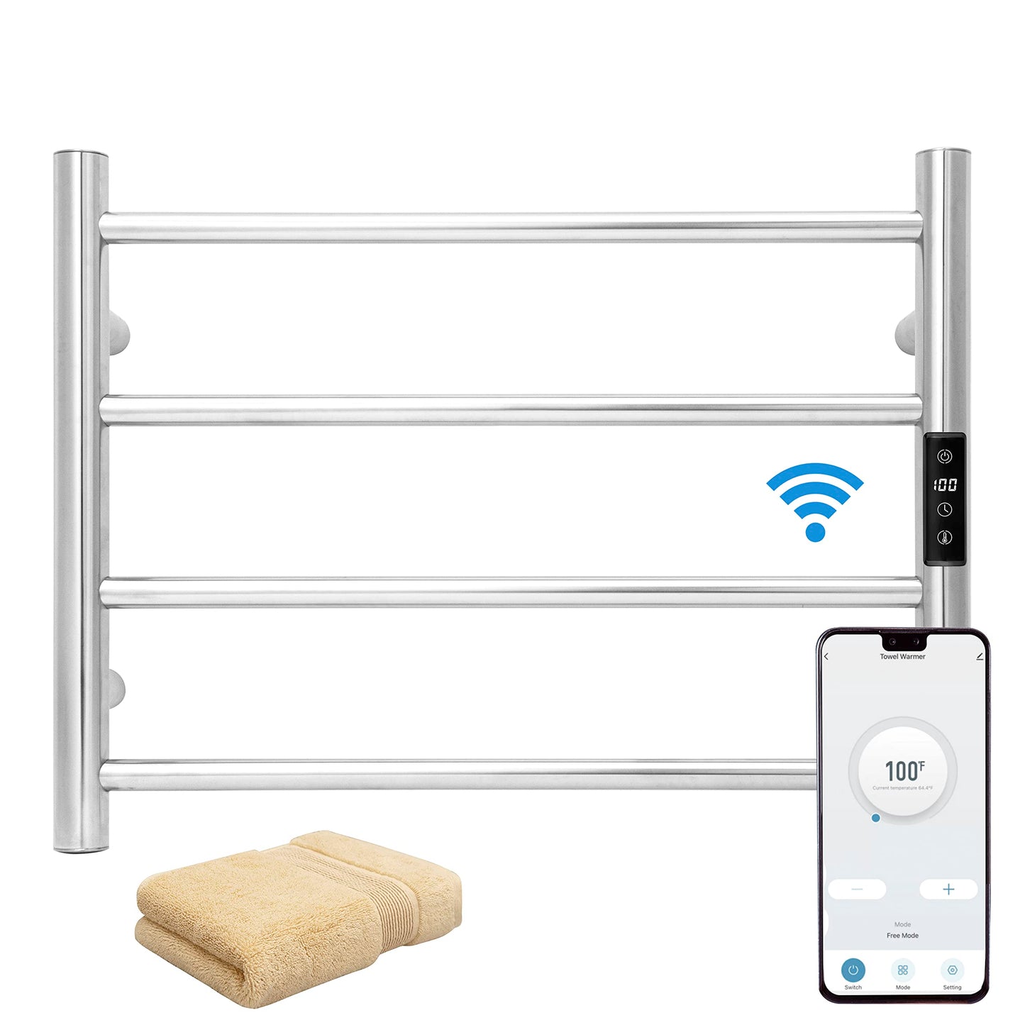 KEG Smart WiFi Towel Warmer Wall Mounted with Built-in Timer and Temperature Adjust Control, 4 Bars Electric Stainless Steel Heated Towel Racks for Bathroom Matte Black