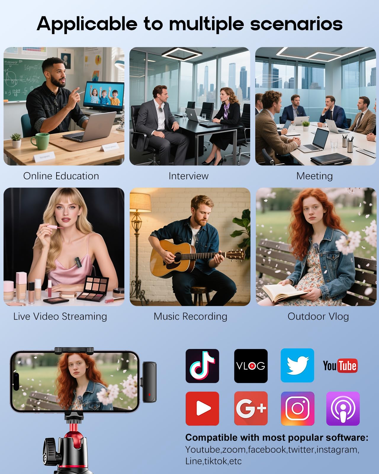 Wireless Mini Microphone for iPhone - 2 Pack Lavalier Bluetooth Microphone for Video Recording, 2 in 1 Noise Reduction Lapel Mic for Ipad, Android,Clip-on Mini Mic for Content Creators Podcast