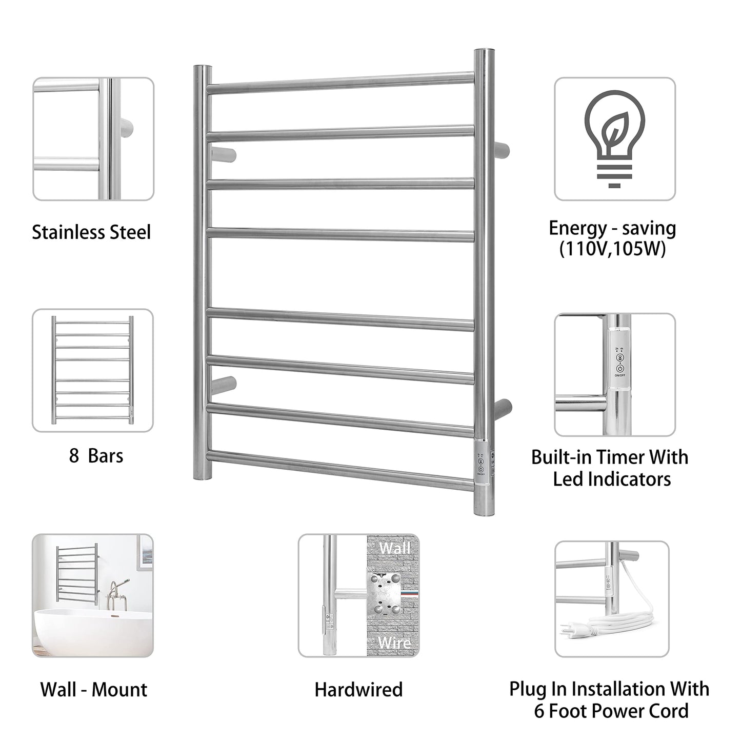 KEG Smart WiFi Towel Warmer Wall Mounted with Built-in Timer and Temperature Adjust Control, 4 Bars Electric Stainless Steel Heated Towel Racks for Bathroom Matte Black