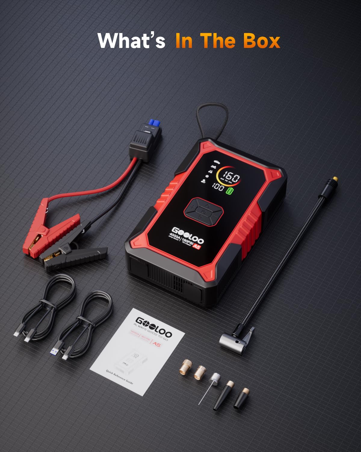 GOOLOO A5 Jump Starter with Air Compressor, 4000A Car Battery Jump Starter (All Gas/10.0L Diesel) with 160PSI Tire Inflator Auto-Off, 45W Output Power Bank, 12V Jump Box Car Jumper Starter Portable