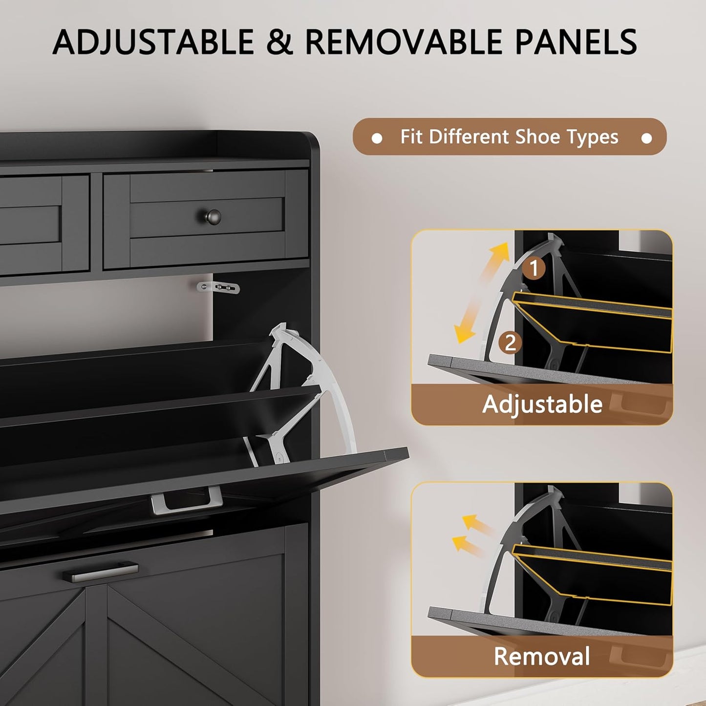 Shoe Cabinet with 2 Flip Drawers & 2 Top Drawers, 43" Tall Freestanding Narrow Wooden Shoe Storage Organizer for Entryway, Hidden Slim Shoe Rack for Front Door Entrance, Hallway, Living Room, Black