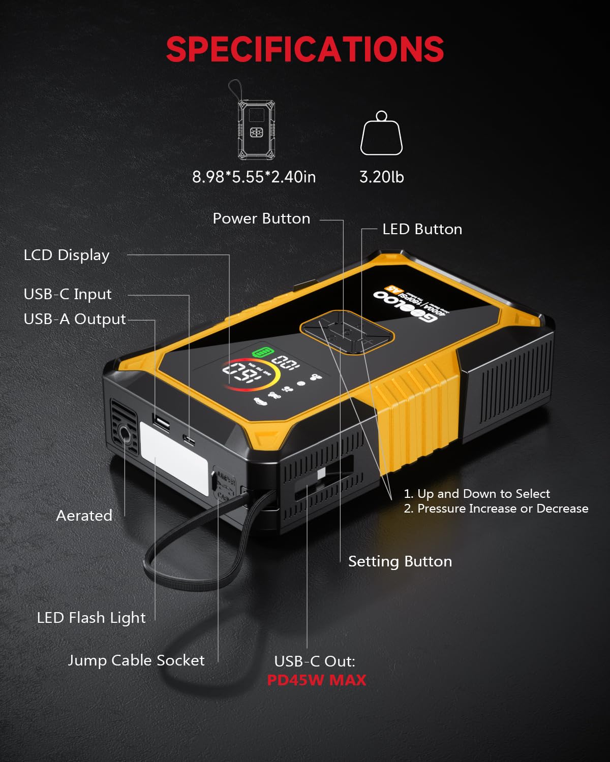GOOLOO A5 Jump Starter with Air Compressor, 4000A Car Battery Jump Starter (All Gas/10.0L Diesel) with 160PSI Tire Inflator Auto-Off, 45W Output Power Bank, 12V Jump Box Car Jumper Starter Portable