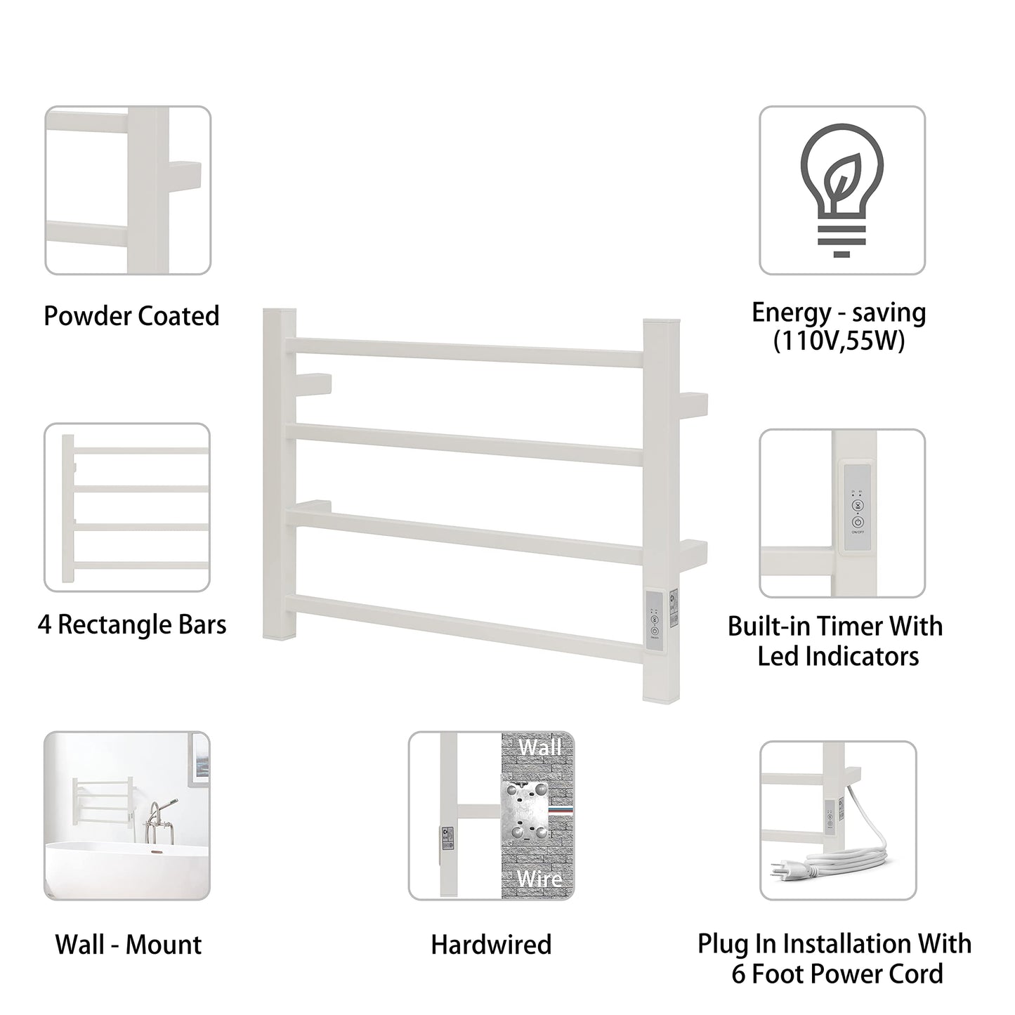 KEG Smart WiFi Towel Warmer Wall Mounted with Built-in Timer and Temperature Adjust Control, 4 Bars Electric Stainless Steel Heated Towel Racks for Bathroom Matte Black