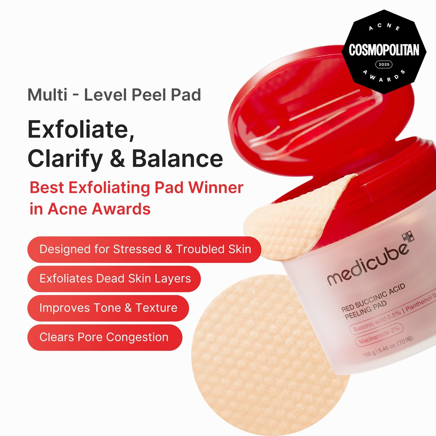 medicube Toner Pads Zero Pore Pad 2.0 | Dual-Textured Facial Pad for Exfoliation and Pore Care with 4.5% AHA Lactic Acid, 0.45% BHA Salicylic Acid | Ideal for All, Korean Skin Care, 70 Pads (1 Pack)