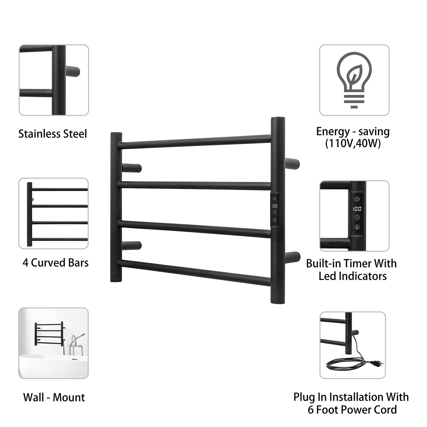 KEG Smart WiFi Towel Warmer Wall Mounted with Built-in Timer and Temperature Adjust Control, 4 Bars Electric Stainless Steel Heated Towel Racks for Bathroom Matte Black