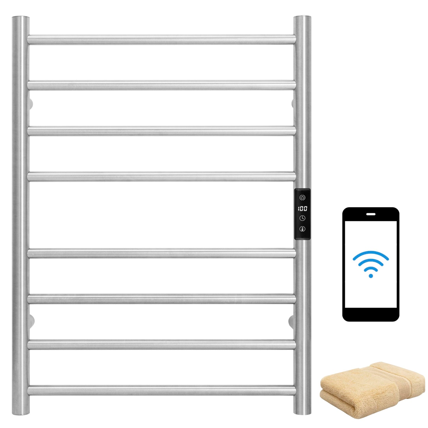 KEG Smart WiFi Towel Warmer Wall Mounted with Built-in Timer and Temperature Adjust Control, 4 Bars Electric Stainless Steel Heated Towel Racks for Bathroom Matte Black