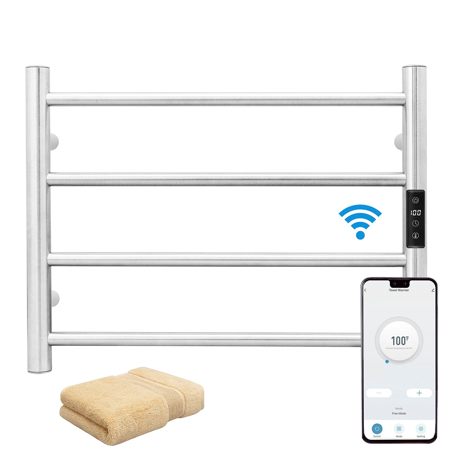 KEG Smart WiFi Towel Warmer Wall Mounted with Built-in Timer and Temperature Adjust Control, 4 Bars Electric Stainless Steel Heated Towel Racks for Bathroom Matte Black