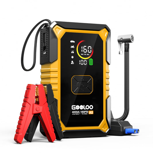 GOOLOO A5 Jump Starter with Air Compressor, 4000A Car Battery Jump Starter (All Gas/10.0L Diesel) with 160PSI Tire Inflator Auto-Off, 45W Output Power Bank, 12V Jump Box Car Jumper Starter Portable