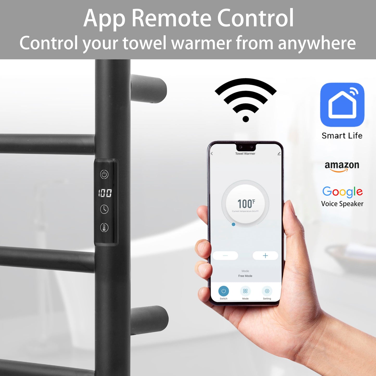 KEG Smart WiFi Towel Warmer Wall Mounted with Built-in Timer and Temperature Adjust Control, 4 Bars Electric Stainless Steel Heated Towel Racks for Bathroom Matte Black